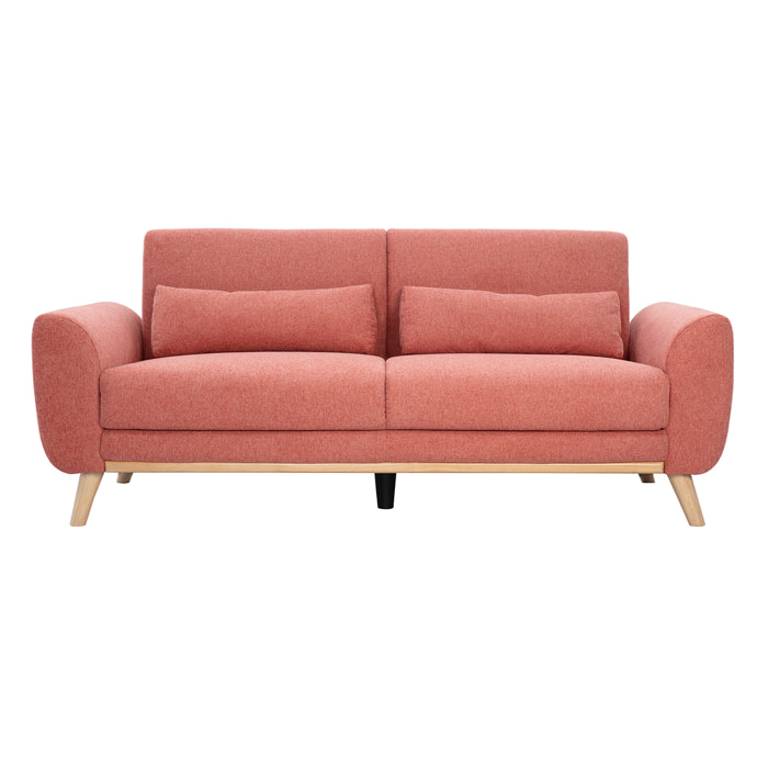 Canapé scandinave 3 places en tissu effet velours texturé terracotta et bois clair EKTOR