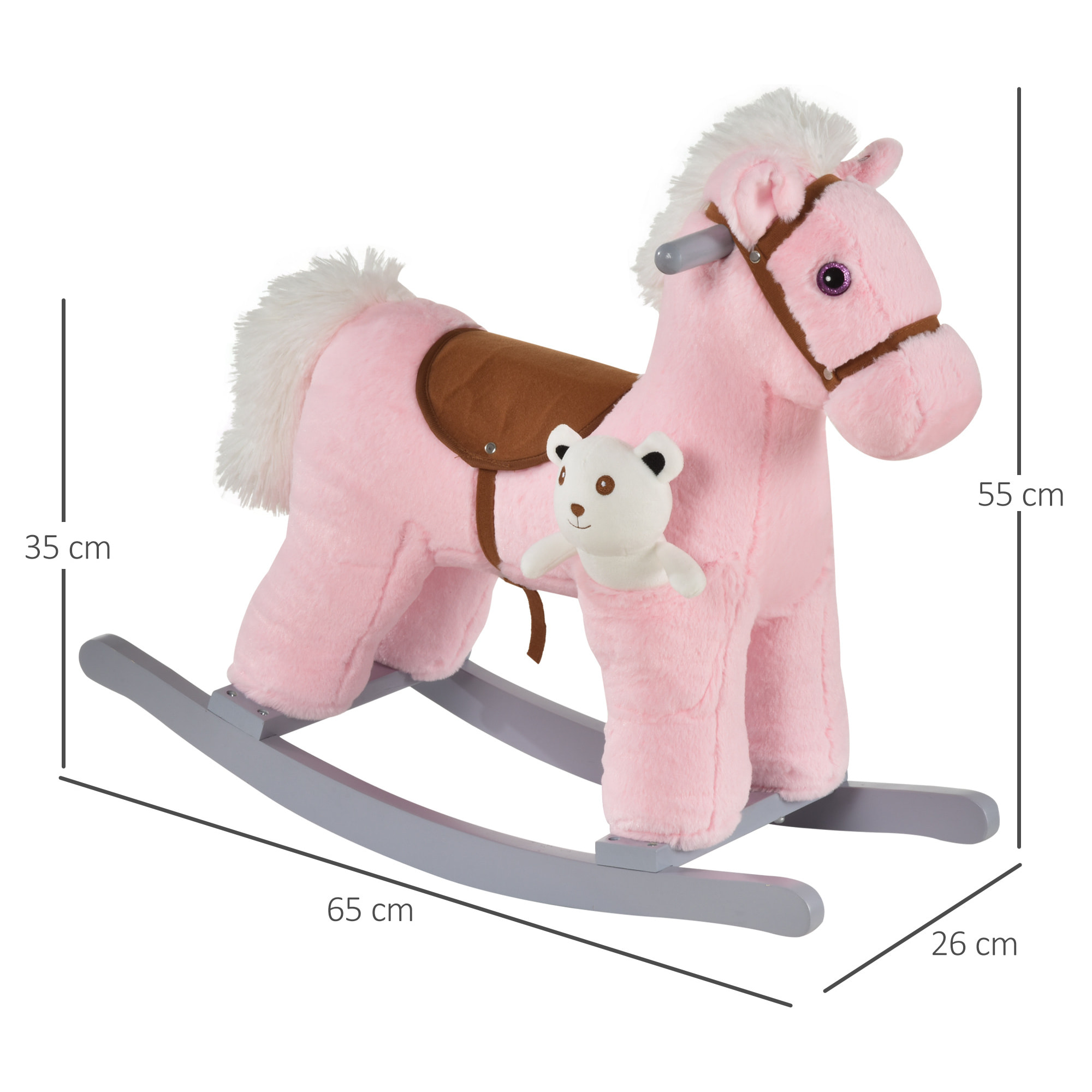 Caballito Balancín con Felpa con Osito de Peluche para Niños 18-36 Meses Caballo Mecedora Sonidos de Relincho y Galope Base de Madera Asiento 35 cm Carga 30 kg 65x26x55 cm Rosa