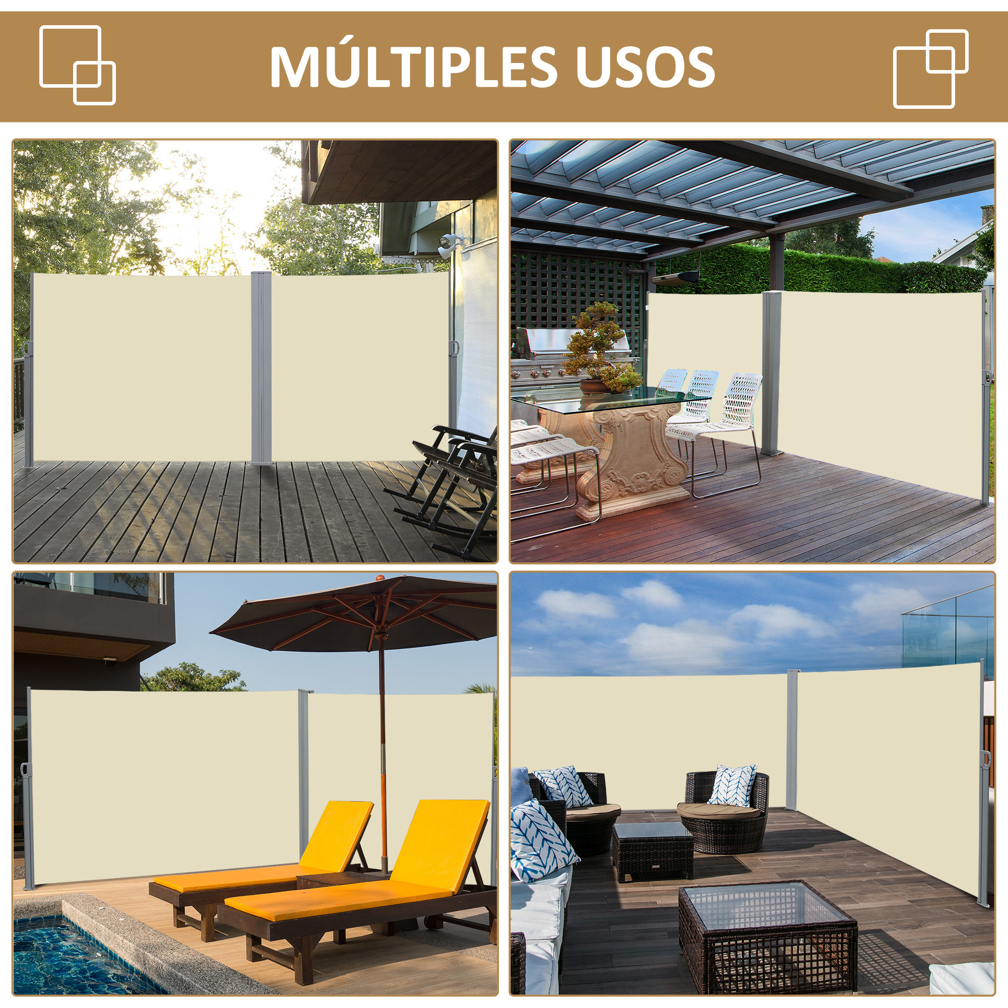 Toldo Lateral Retráctil 300x180 cm Pantalla Enrollable Mampara de Privacidad y Protección Solar para Jardín Balcón Terraza Crema