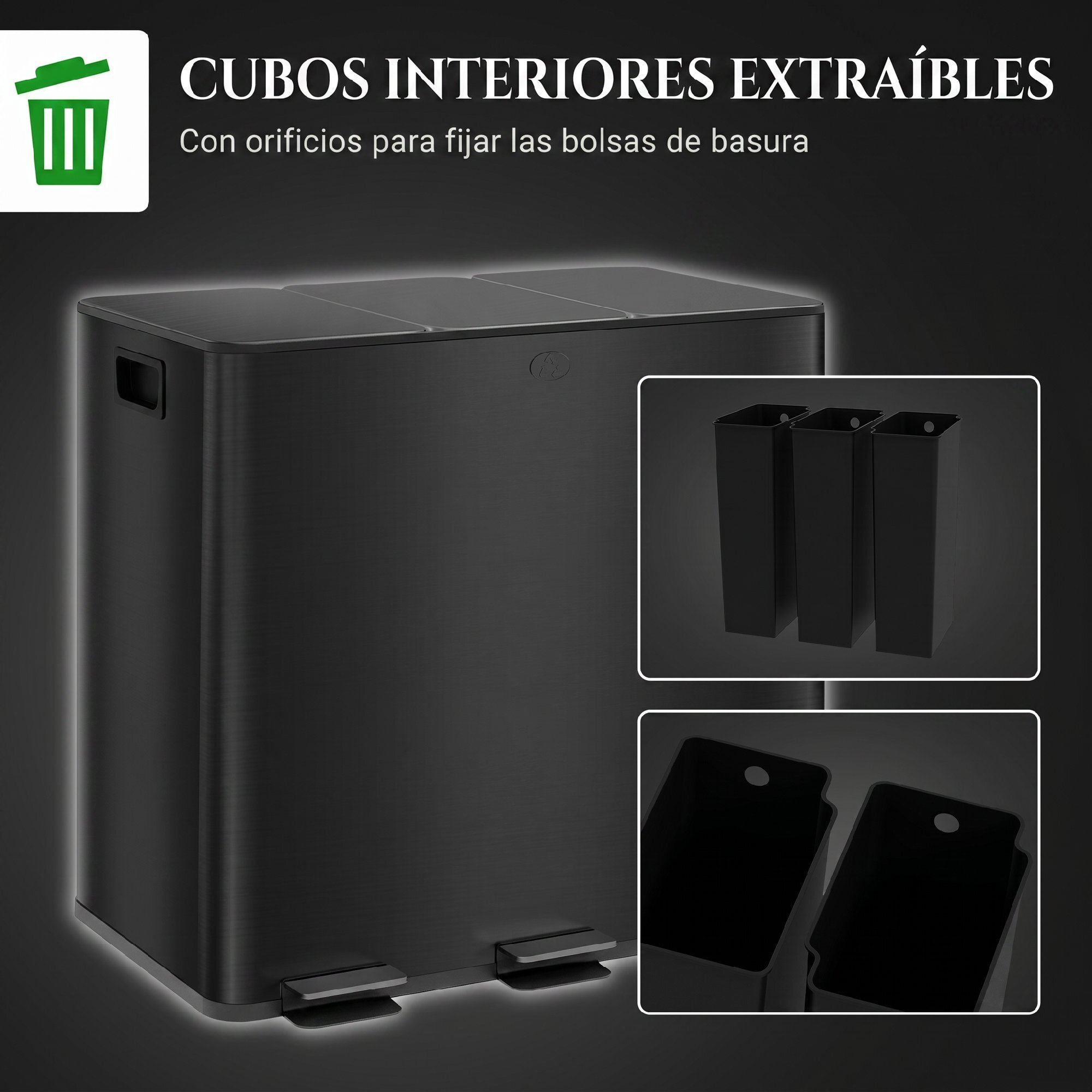 Cubo de Basura de Cocina con 3 Compartimentos 3x15L Papelera de Cocina de Acero Inoxidable con Pedales Tapas de Cierre Suave y Cubo Extraíble para Reciclaje Residuos Restos de Comida Negro
