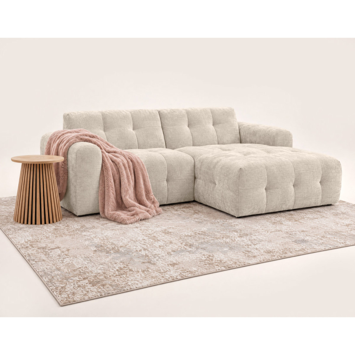 Diane - Canapé d'angle droit 4 places en velours texturé - Beige