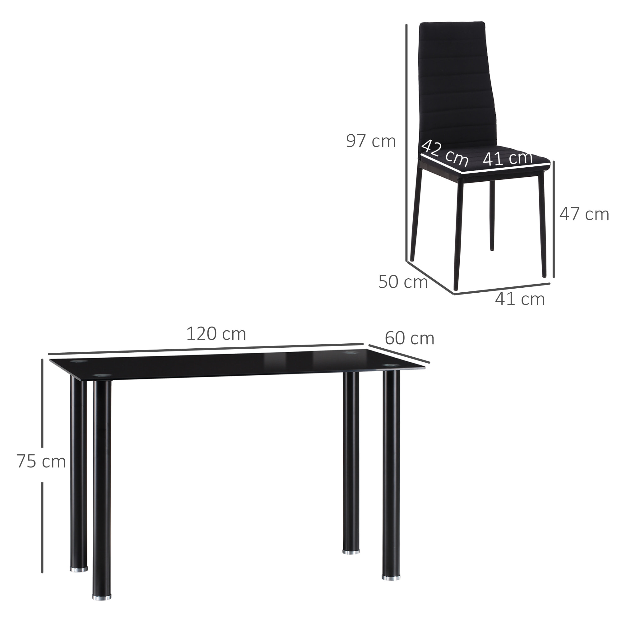 Conjunto de Comedor 5 Piezas Juego de 1 Mesa con Tablero de Vidrio Templado y 4 Sillas Tapizadas en Lino Estilo Moderno para Cocina 120x60x75 cm 41x50x97 cm Negro