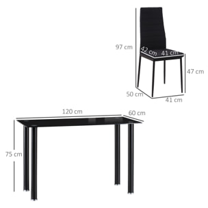 Conjunto de Comedor 5 Piezas Juego de 1 Mesa con Tablero de Vidrio Templado y 4 Sillas Tapizadas en Lino Estilo Moderno para Cocina 120x60x75 cm 41x50x97 cm Negro
