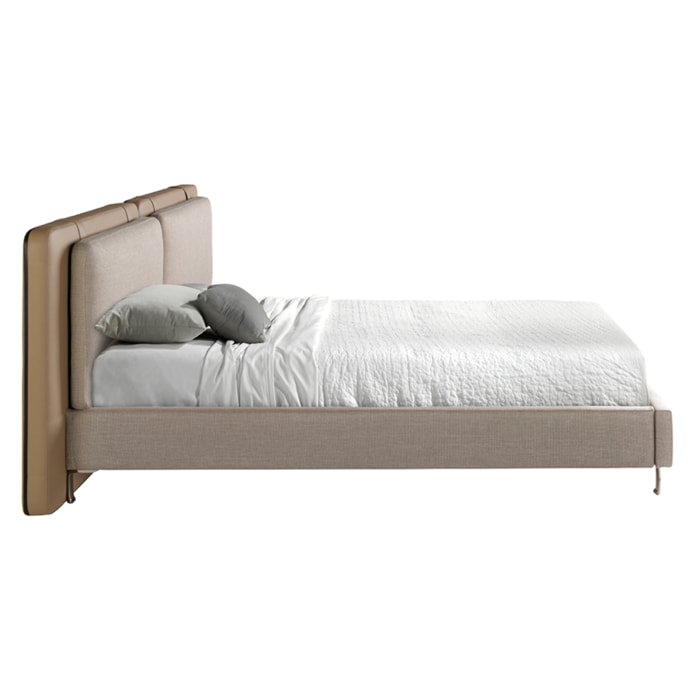 Cama de matrimonio con cabecero en polipiel visón y estructura de tela en gris con patas de acero inoxidable cromado oscuro 217x222x100cm