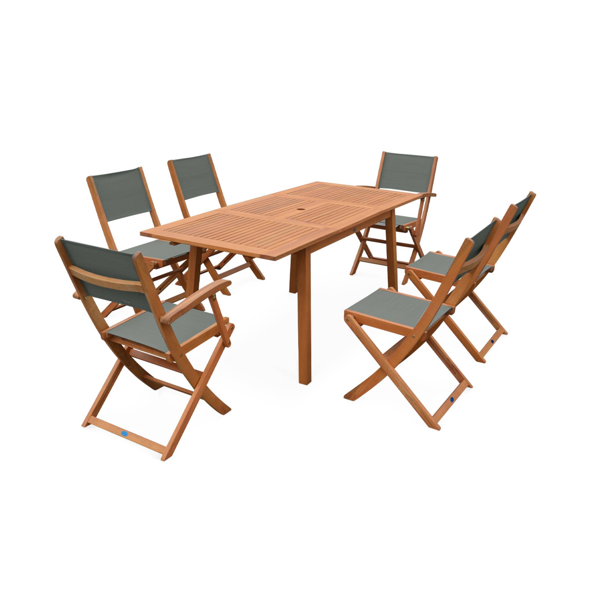 Table de jardin extensible bois d'eucalyptus + 6 assises - Almeria - Table 120/180cm avec rallonge. 2 fauteuils et 4 chaises. en bois d'Eucalyptus huilé et textilène kaki