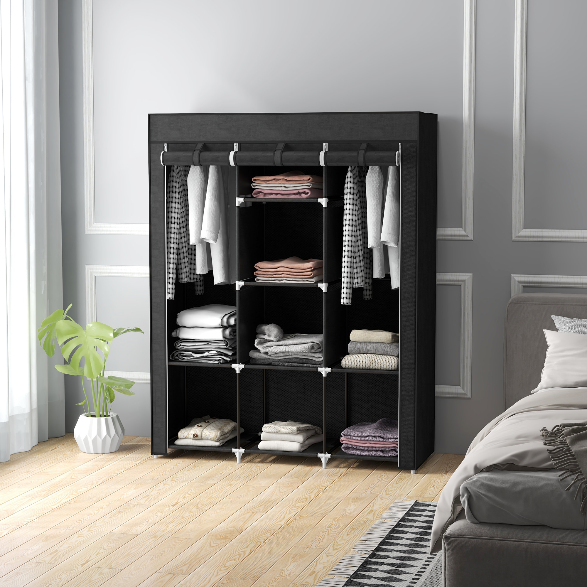 Armario de Tela Plegable, Armario Portátil con 2 Barras para Colgar, 8 Estantes, Marco de Acero, para Dormitorio, Vestidor, 125x43x162,5 cm, Negro