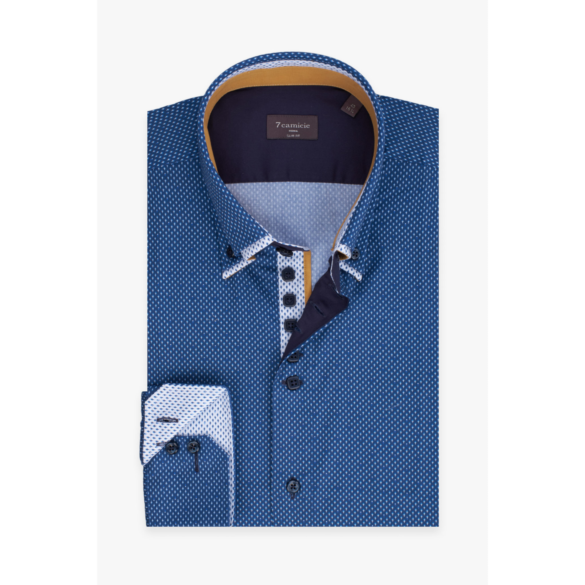 Camicia Uomo 2 Bottoni Button Down 7bottoni Doppio Coll Popeline Stampato Blu\Bianco