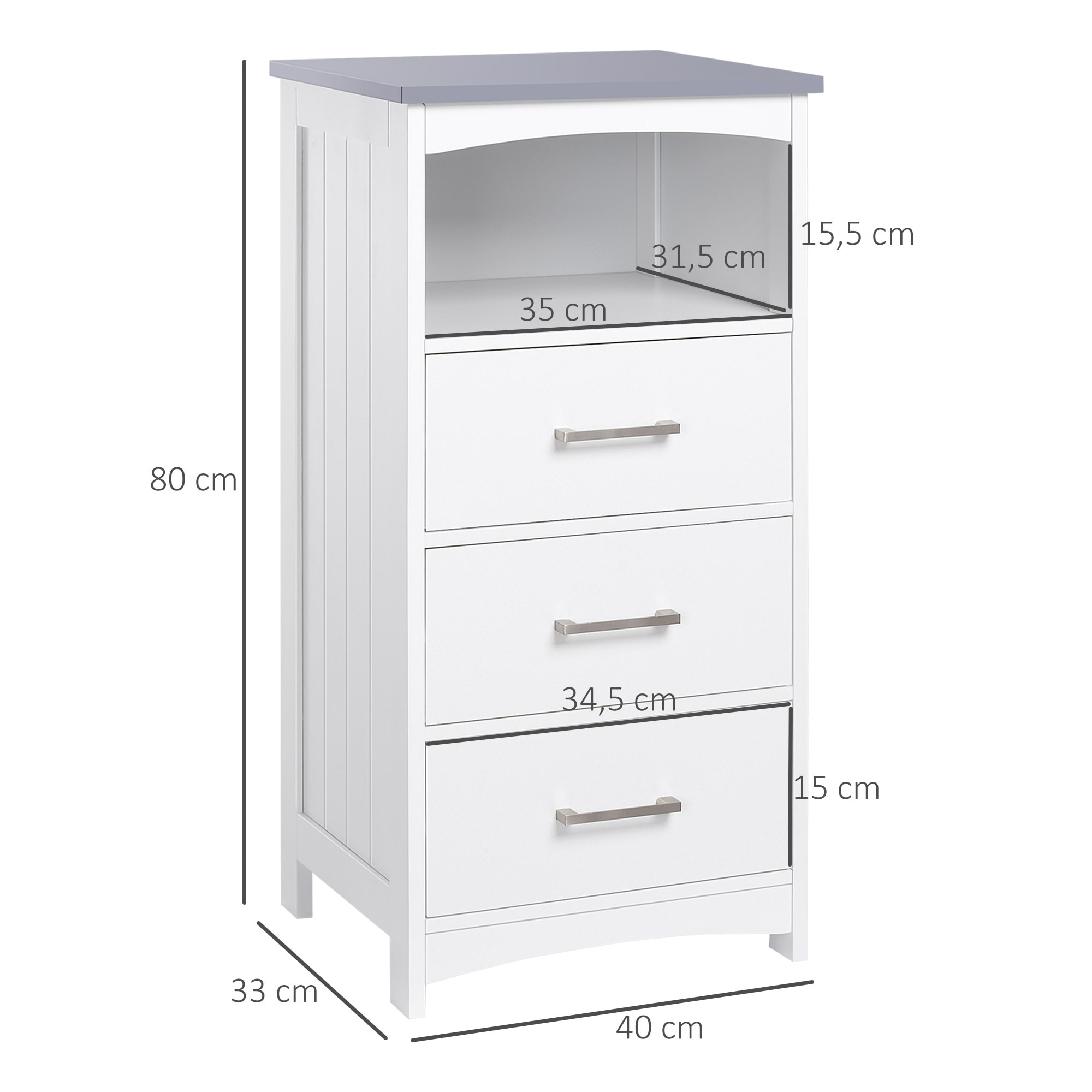 Meuble colonne salle de bain style contemporain - 3 tiroirs, niche - MDF blanc gris