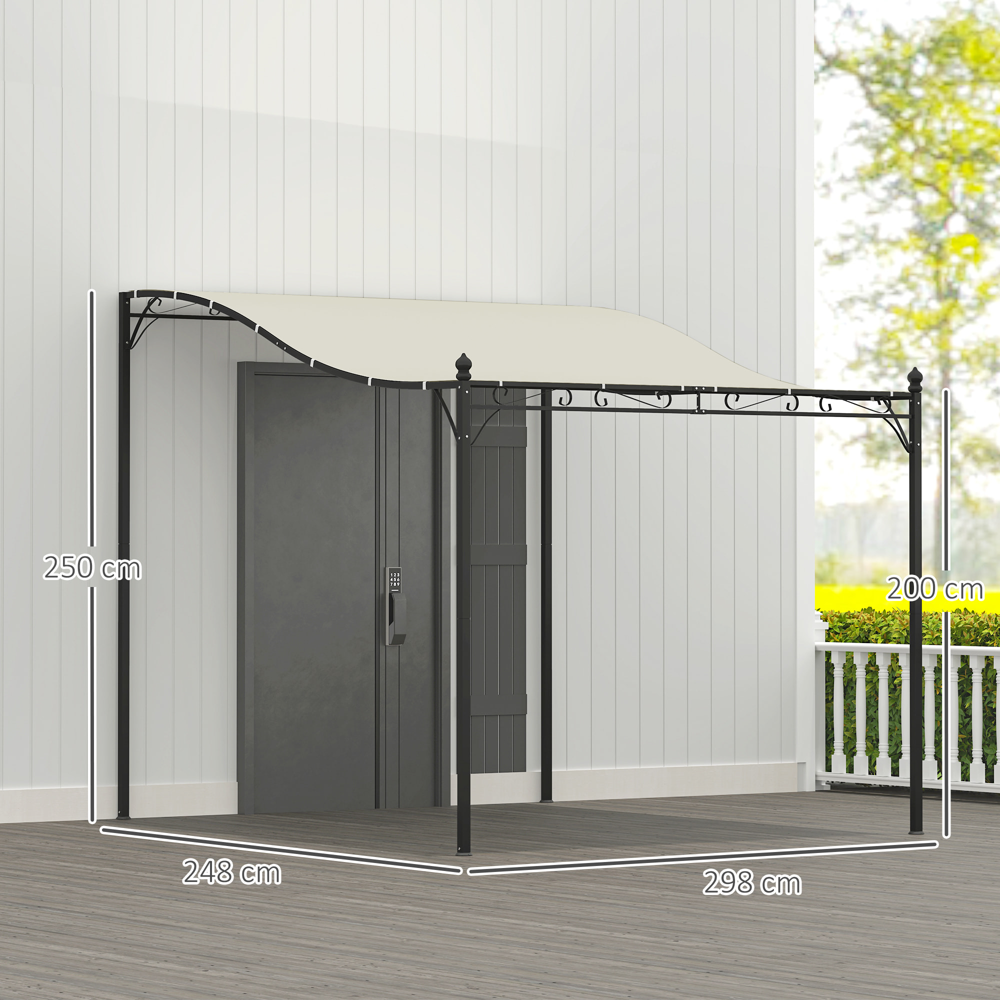 Pergola tonnelle de jardin auvent 3 x 2,5 m adossable métal noir polyester blanc cassé