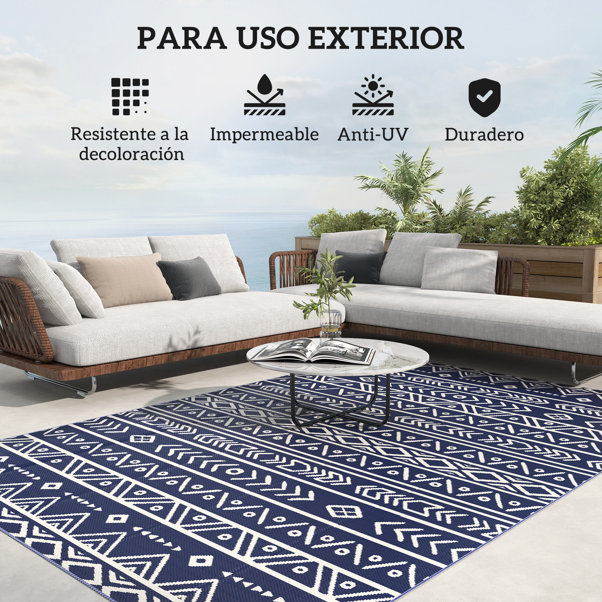 Alfombra de Exterior 182x274 cm Alfombra Reversible con Patrón de Geométrico Impermeable Bolsa de Transporte para Terraza Balcón Patio Camping Playa Azul