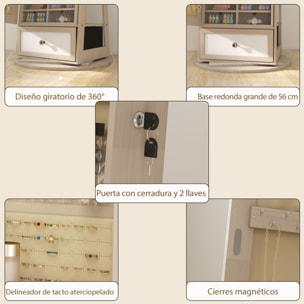 Espejo Joyero con Luces LED, Armario para Joyas, Armario Joyero con Espejo Entero, Giratorio de 360°, Cajón, Cerradura, Estantes Abiertos, Soporte para Secador, Natural
