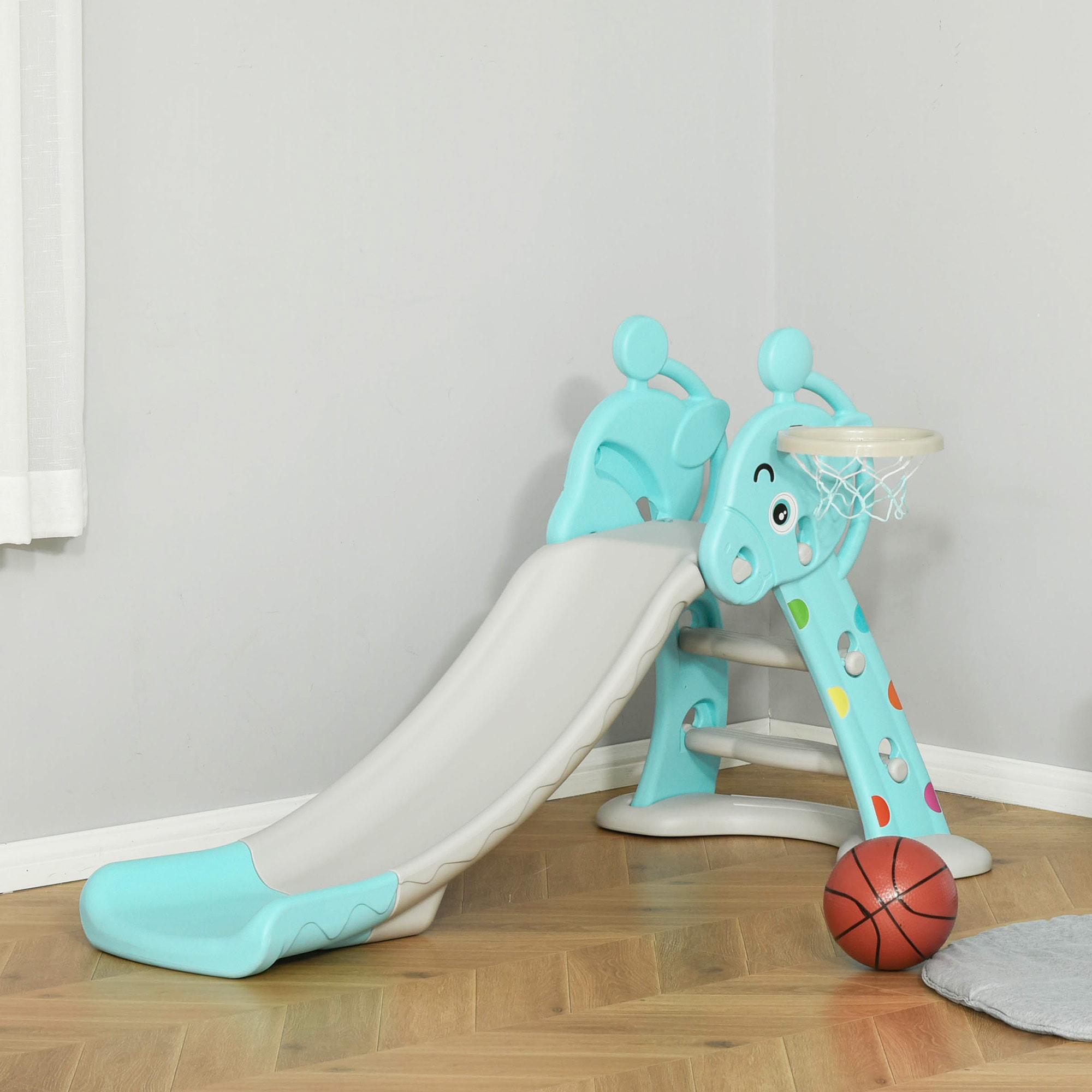 Toboggan enfant avec panier de basket-ball usage intérieur et extérieur dim. 140 x 87 x 75 cm bleu et gris