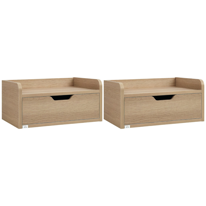 Set de 2 Mesitas de Noche Flotantes Mesillas de Noche de Pared con Cajón para Dormitorio Habitación Hogar Diseño Sencillo 40x30x19,5 cm Madera Natural