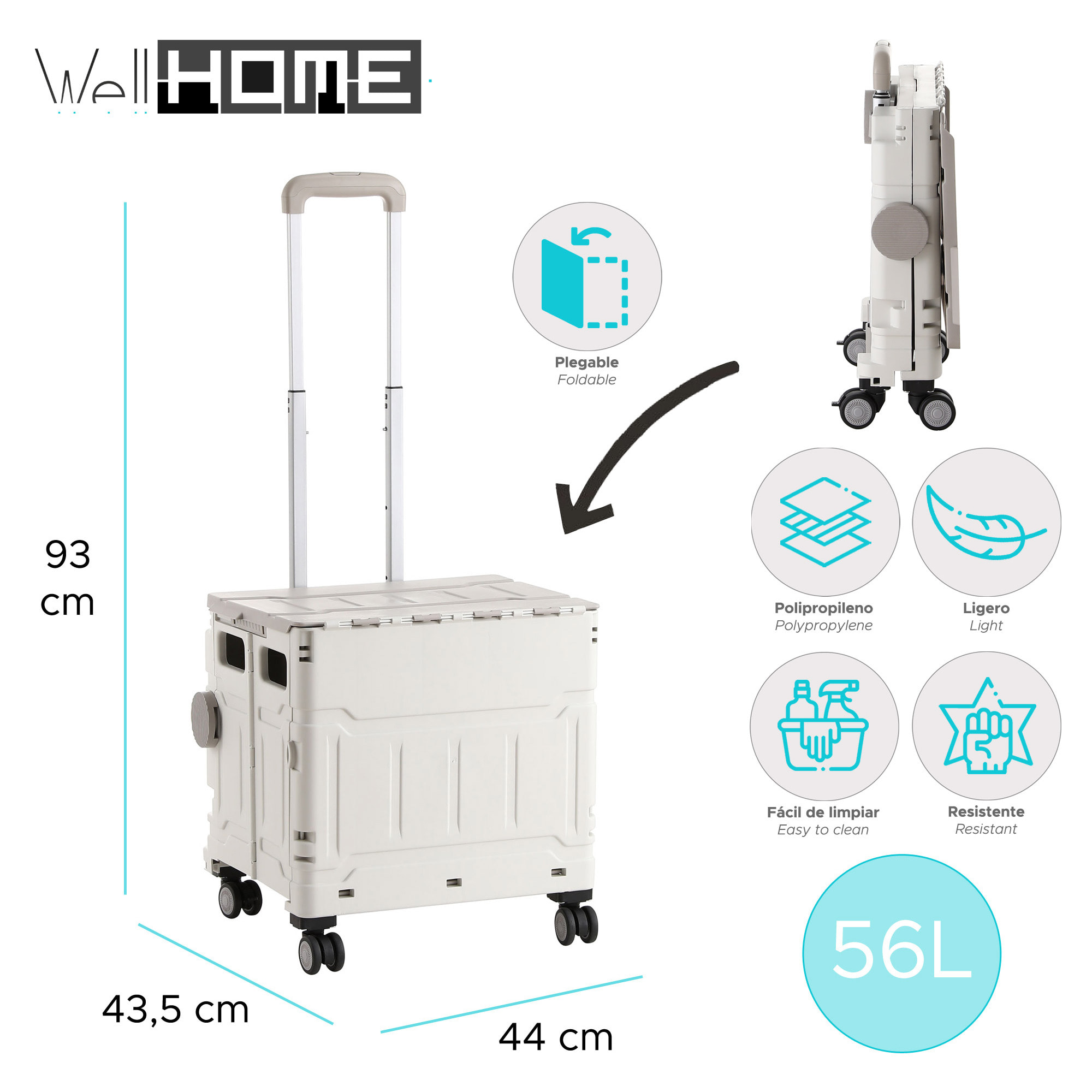 Carrito de almacenaje Plegable 43,5x44x93cm con 4 ruedas giratorias de 360º color Gris-56L