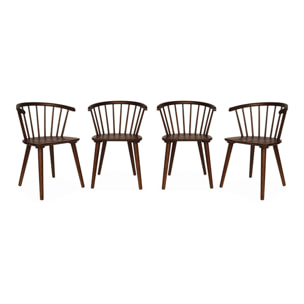 Lot de 4 chaises noyer à barreaux en bois et contreplaqué. Paula. L 51 x P 53 x H 75cm