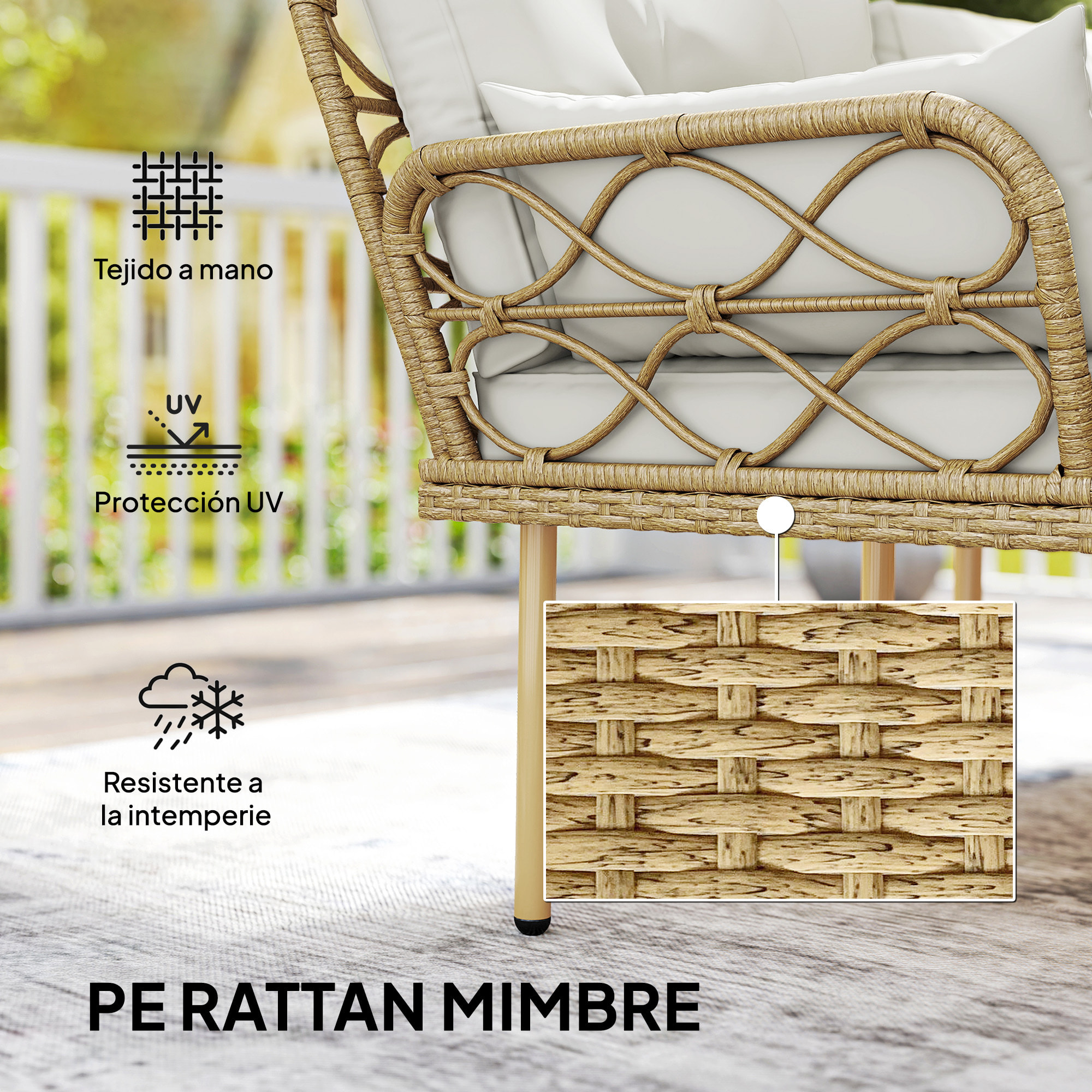 Conjunto de Jardín de Ratán, Juego de 3 Piezas Muebles Jardín Exterior con 1 Sofá de 2 Plazas, 1 Sofá Esquinera, 1 Mesa de Centro Metálica de 2 Niveles y Cojines, Anti-UV, para Patio, Crema