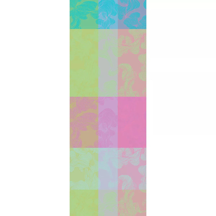 Chemin de table pur coton 220 g/m² motif jacquard bleu rose vert Mille vertiges ara