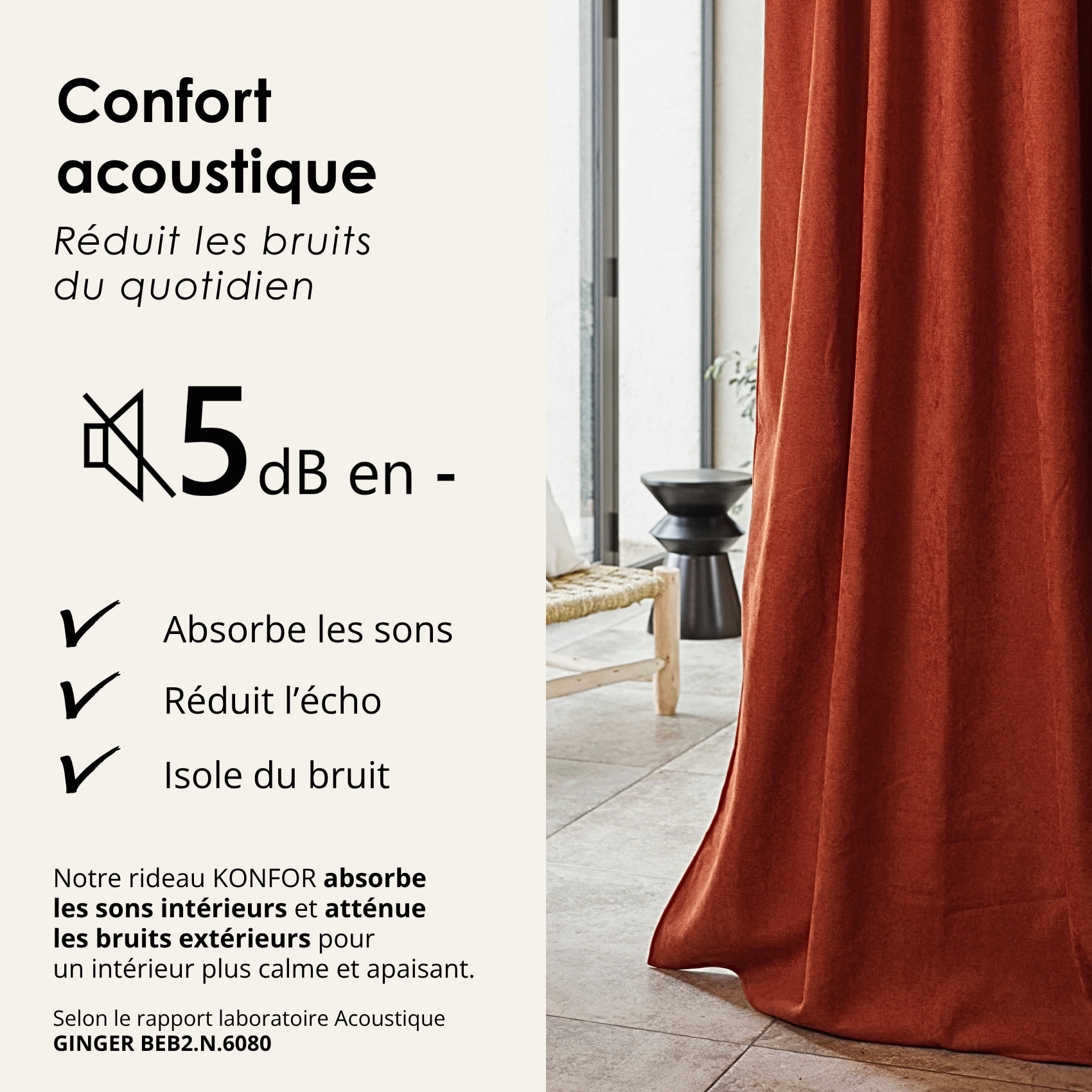 Rideau thermique phonique et semi occultant KONFOR - Terracotta