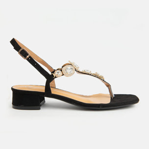 Sandalo basso a infradito con gioiello - NERO
