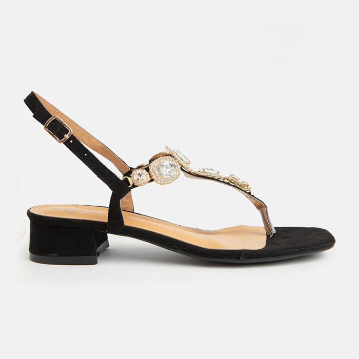 Sandalo basso a infradito con gioiello - NERO