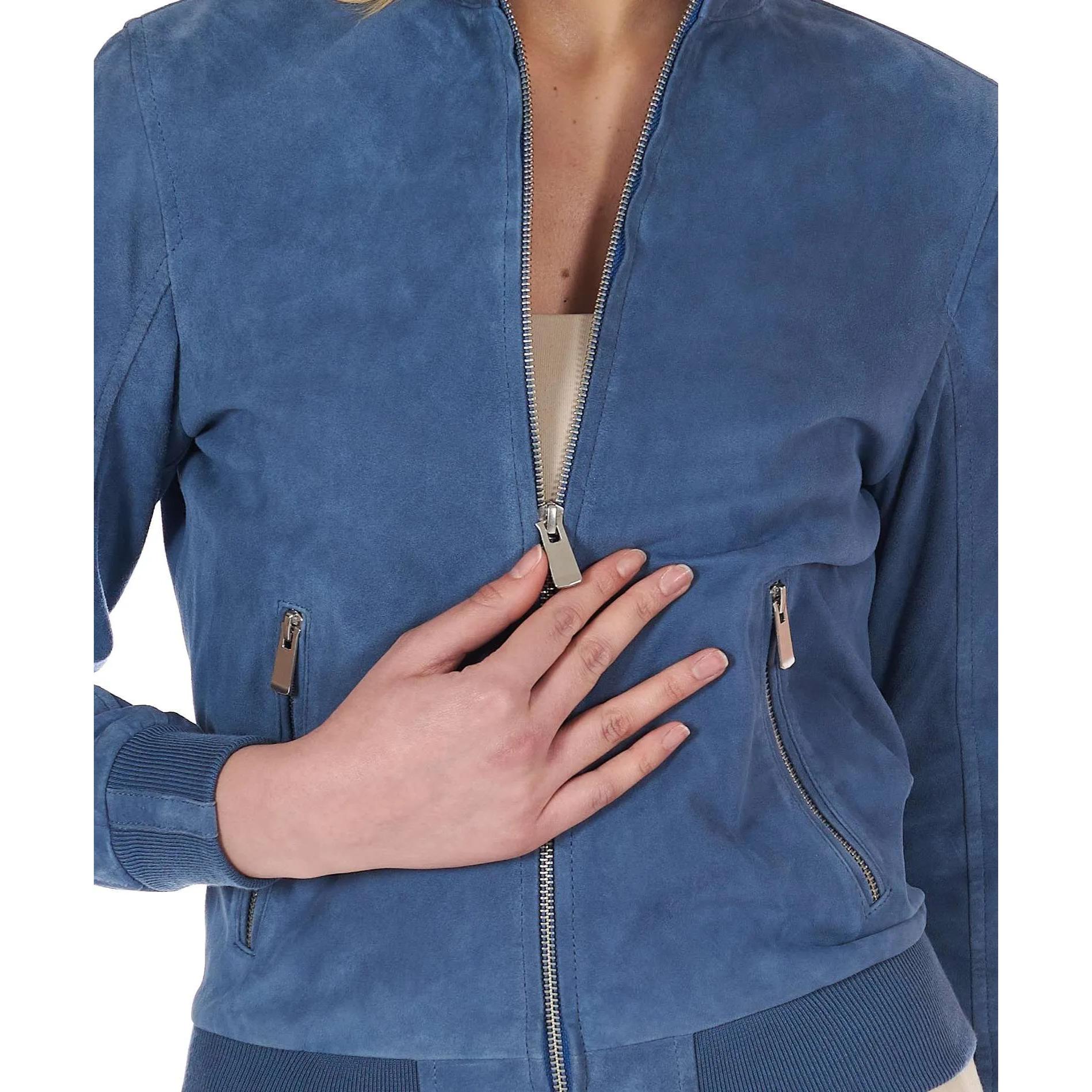 Bomber in pelle camoscio blu denim colletto coreana