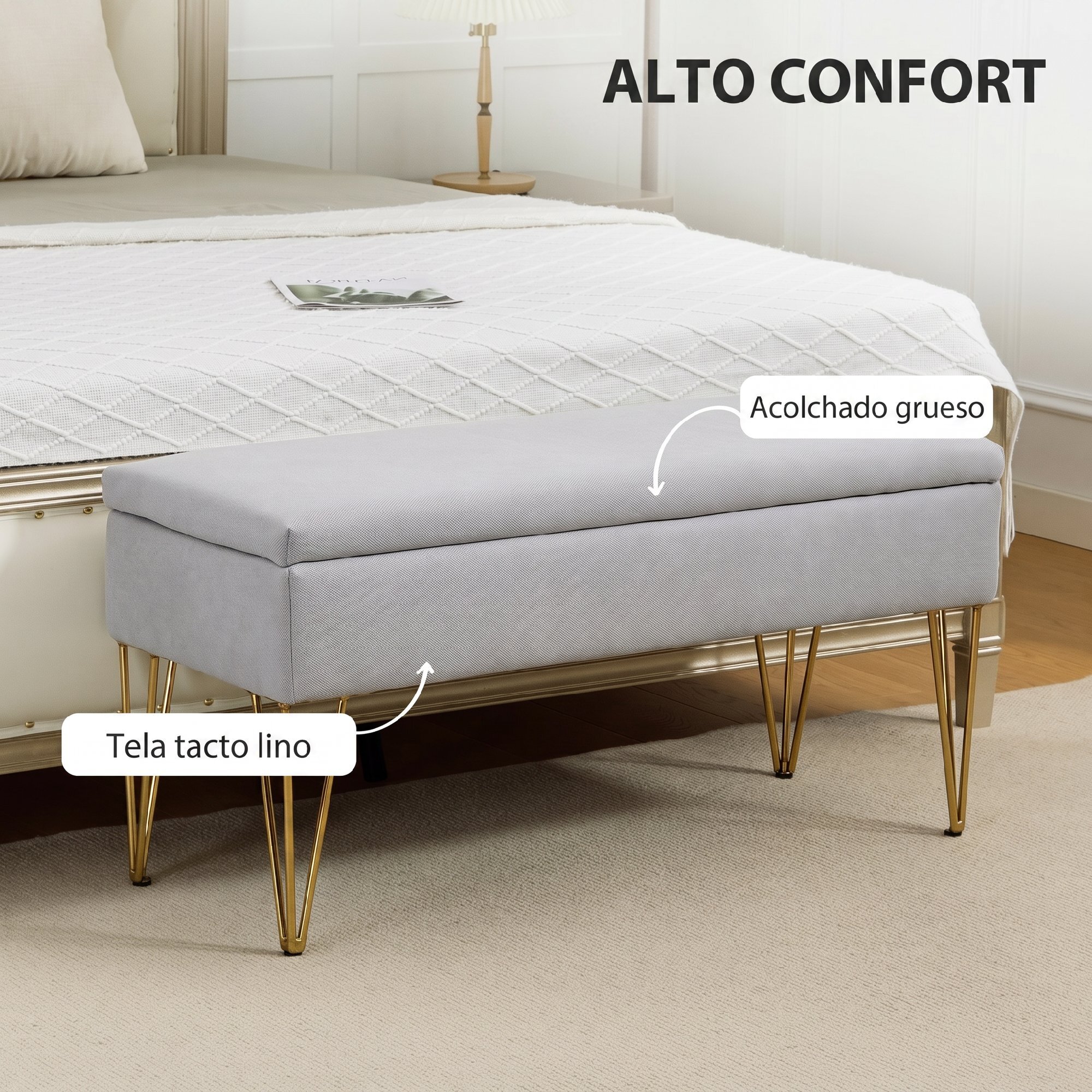 Banco Pie de Cama, Taburete Pie de Cama Tapizado en Lino Sintético con Patas de Acero y Asiento Acolchado, Estilo Moderno, Banco para Dormitorio, Entrada, Pasillo, Gris Claro