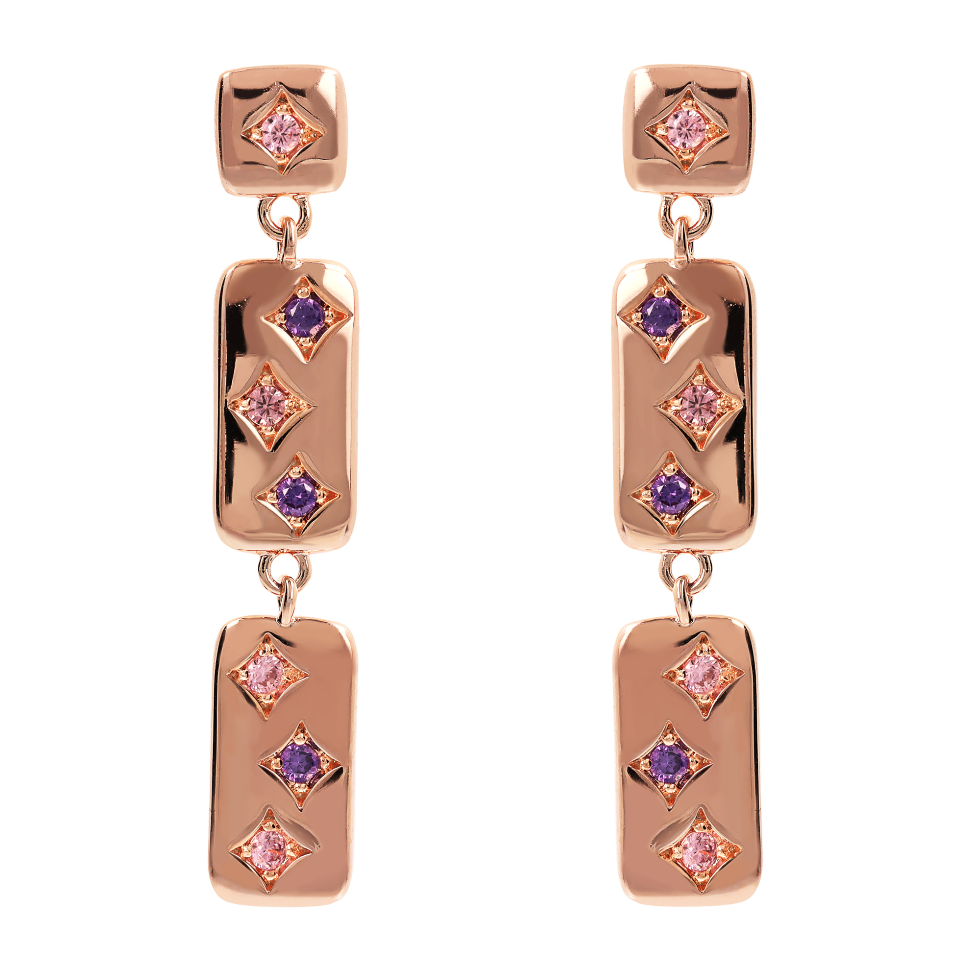 Orecchini Pendenti Étoile con Elementi Rettangolari e Punti Luce in Cubic Zirconia Rosa