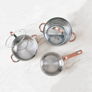 Bateria 5pc acero inoxidable ø16ø18ø20 con 2 tapas de vidrio, y set 3 sartenes ø16/20/24 cm, aluminio prensado, set apto para inducción