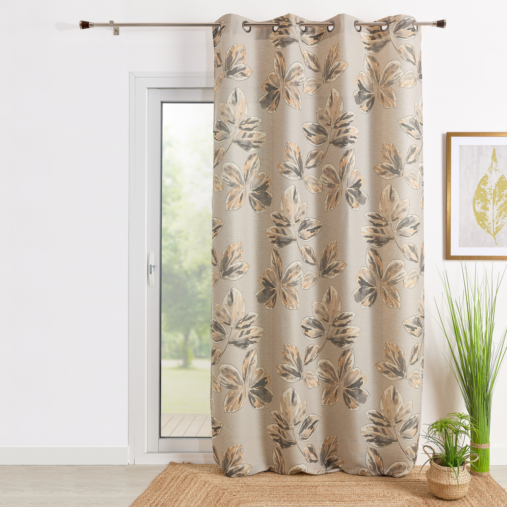 Rideau poly-lin imprimé fleur aquarelle - Jaune Ocre