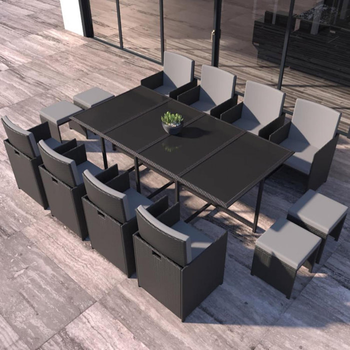 Table et chaises 12 places en résine tressée noir et gris LOUISIANE