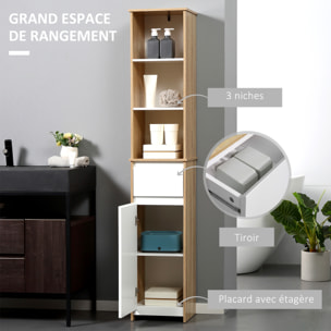 Meuble colonne rangement salle de bain style cosy 3 niches tiroir placard avec étagère blanc aspect chêne clair