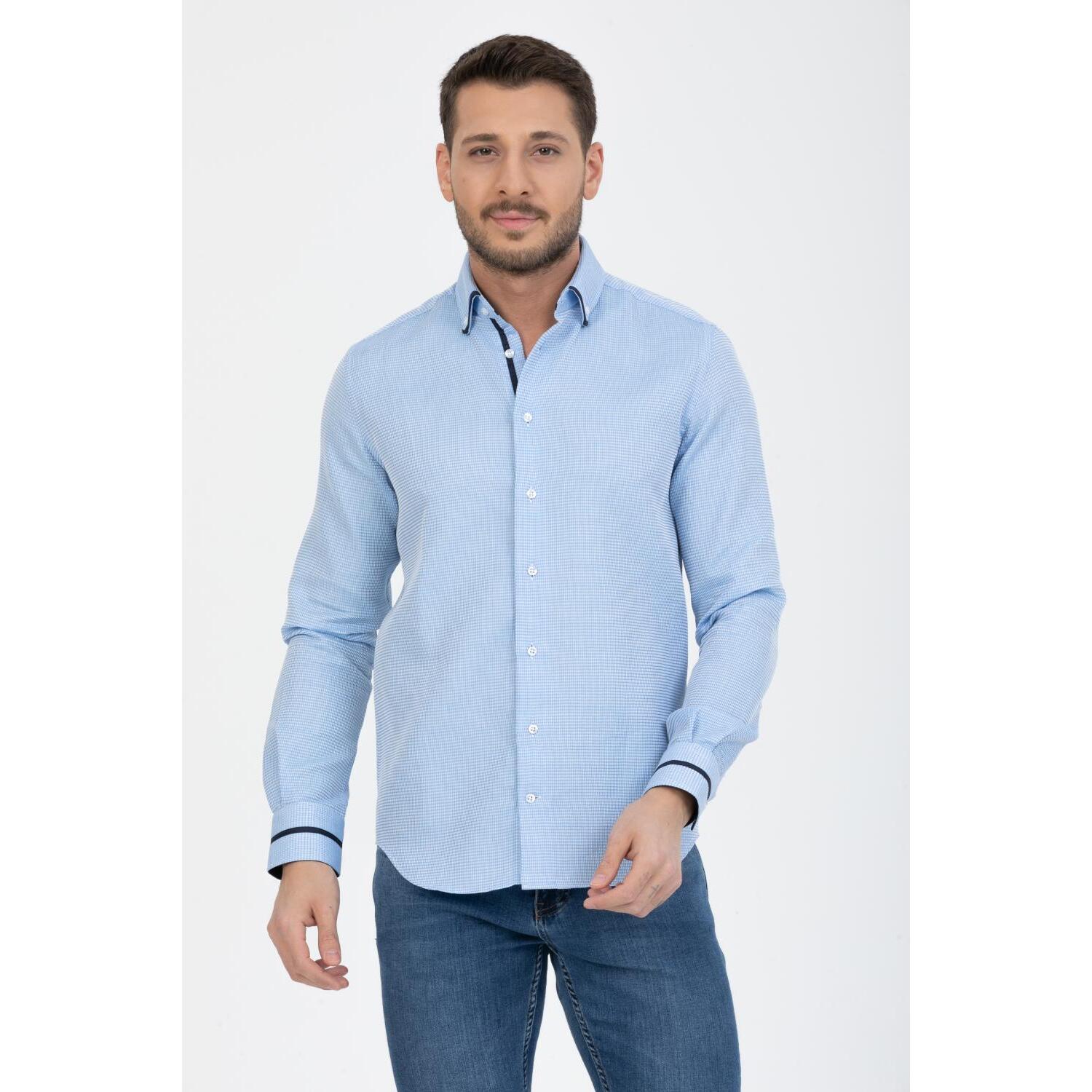 Camicia Uomo 1 Bottoni Button Down Slim Armaturato Fantasia Celeste/Bianco