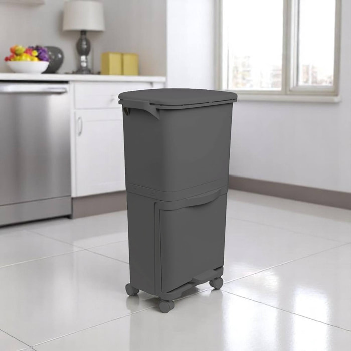 Papelera de reciclaje de clasificación selectiva con pedal, rudas y asa de doble compartimentos color negro antracita de 38l (24l + 14l)