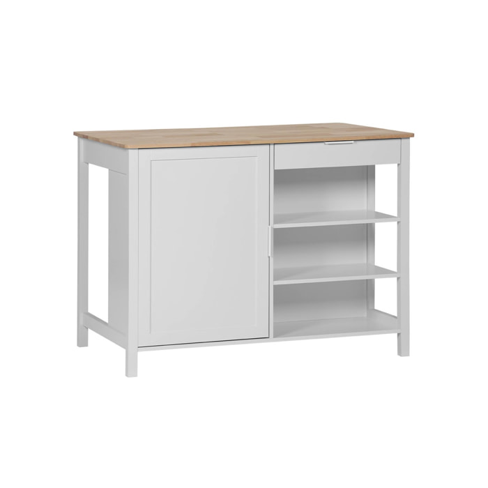 Îlot central de cuisine MOLENE. plateau en bois d'hévéa. 120x75cm. blanc. 5 étagères. 1 porte. 1 tiroir. L 120 x P 75 x H 90cm