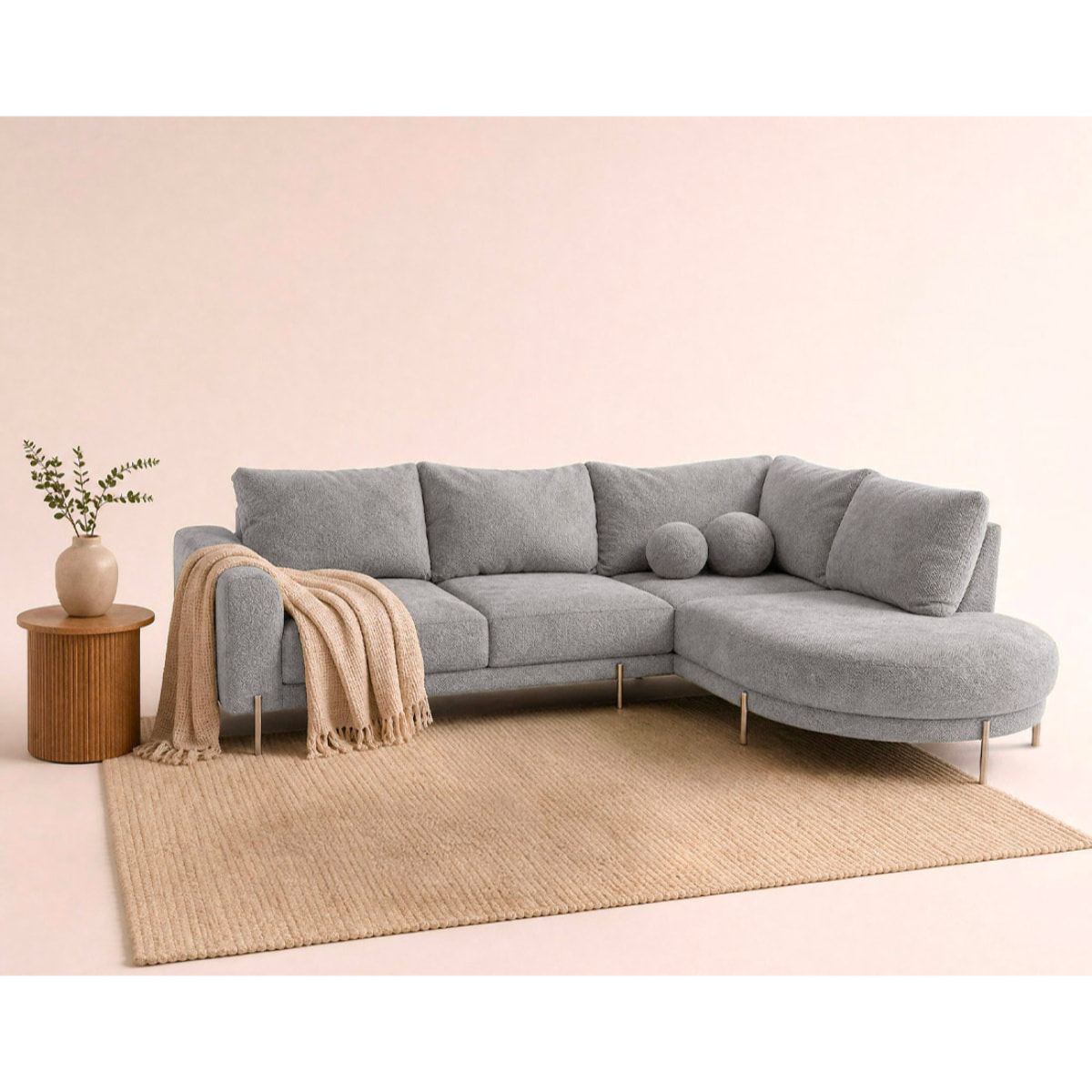 Gabin - Canapé d'angle droit 5 places en velours texturé - Gris clair