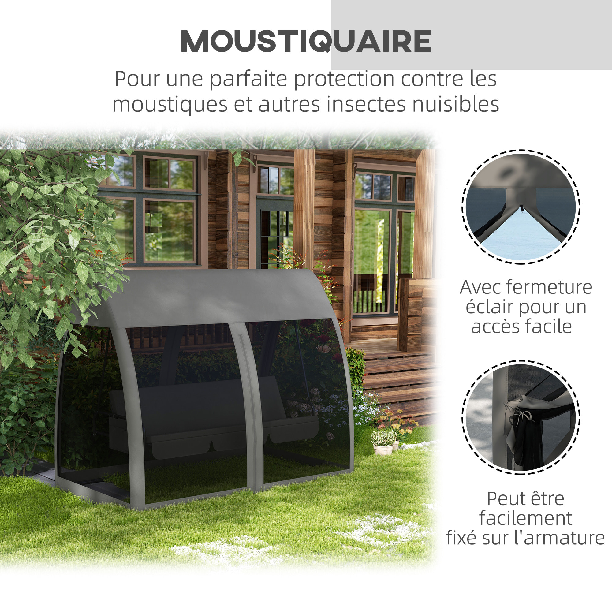 Balancelle de jardin convertible 3 places - matelas assise dossier, moustiquaire intégrale, toit - métal polyester gris