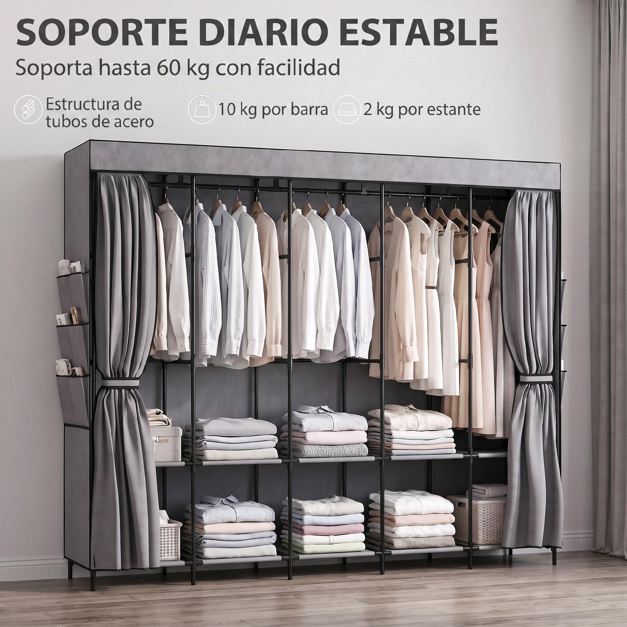 HOMCOM Armario de Tela, Armario Ropero con 5 Barras, 5 Estantes, 6 Bolsillos Laterales, Cremallera, Marco de Acero, para Dormitorio, Espacio Pequeño, 212x45x167 cm, Gris