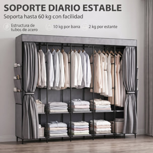 HOMCOM Armario de Tela, Armario Ropero con 5 Barras, 5 Estantes, 6 Bolsillos Laterales, Cremallera, Marco de Acero, para Dormitorio, Espacio Pequeño, 212x45x167 cm, Gris