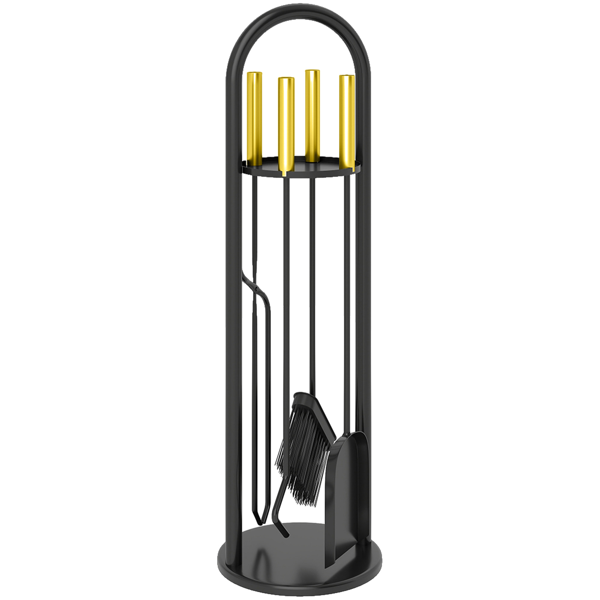 Juego Utensilios Chimenea de 5 Piezas, Juego de Accesorios para Chimenea de Metal con Escoba, Pala, 1 Par de Tenazas, Atizador y Soporte, 20x20x71 cm, Negro y Dorado