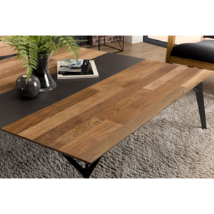 MAXENCE - Table basse carrée 120x120cm bois Teck recyclé métal et pieds métal noir