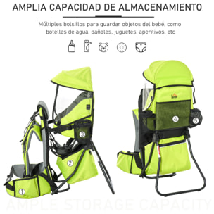 Mochila Portabebés Plegable Portador de Bebé con Techo Impermeable Base de Soporte y Múltiples Bolsillos para 6-36 Meses Carga 15 kg 38x77x87,5 cm Verde Claro