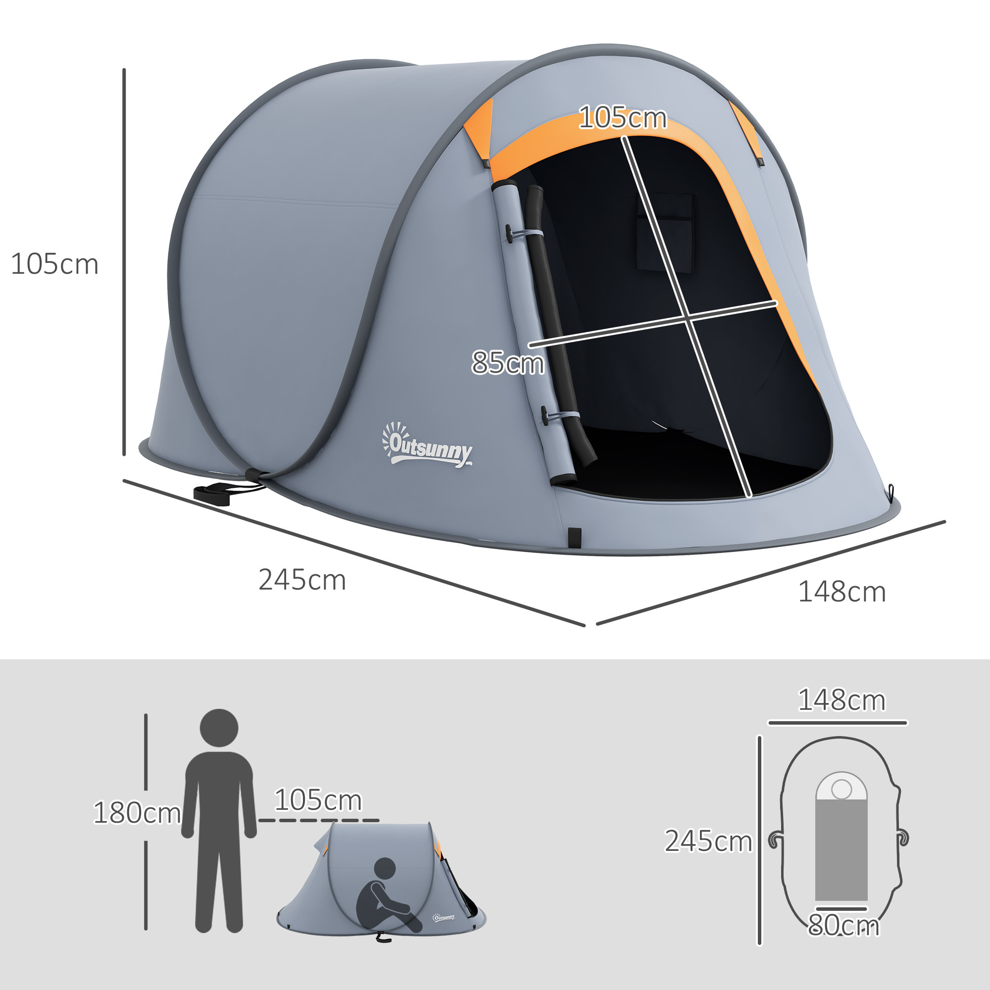 Tienda de Campaña Pop-Up para 2-3 Personas Tienda de Camping Plegable Portátil Impermeable con Ventana Puerta y Bolsa de Transporte para Pescar Senderismo 245x148x105 cm Gris
