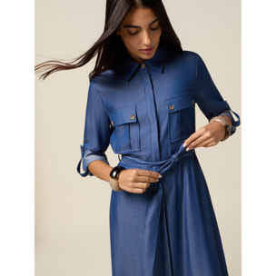 Oltre - Vestido camisero en tencel efecto denim - Azul