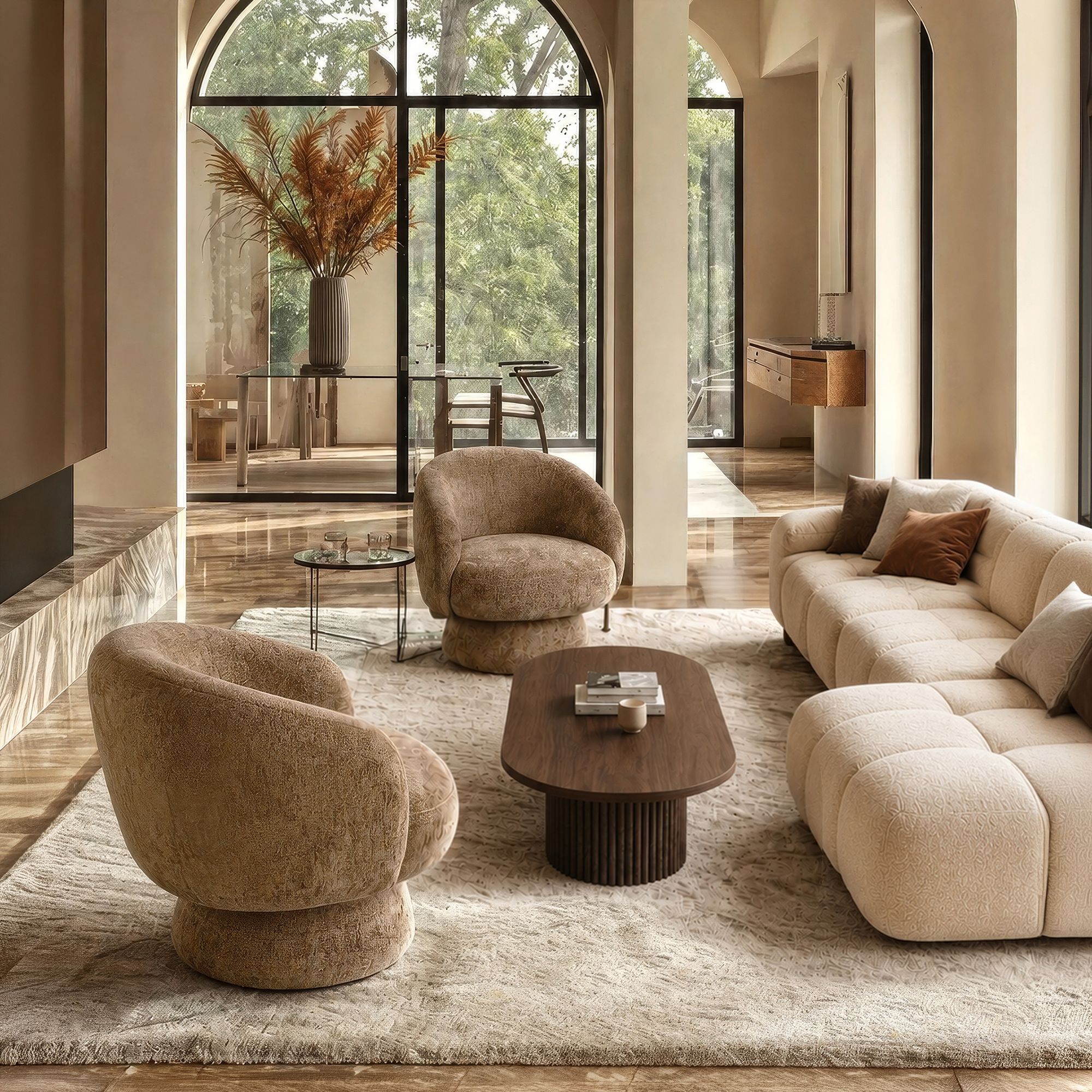 Fauteuil pivotant en tissu chenille caramel PALOMA