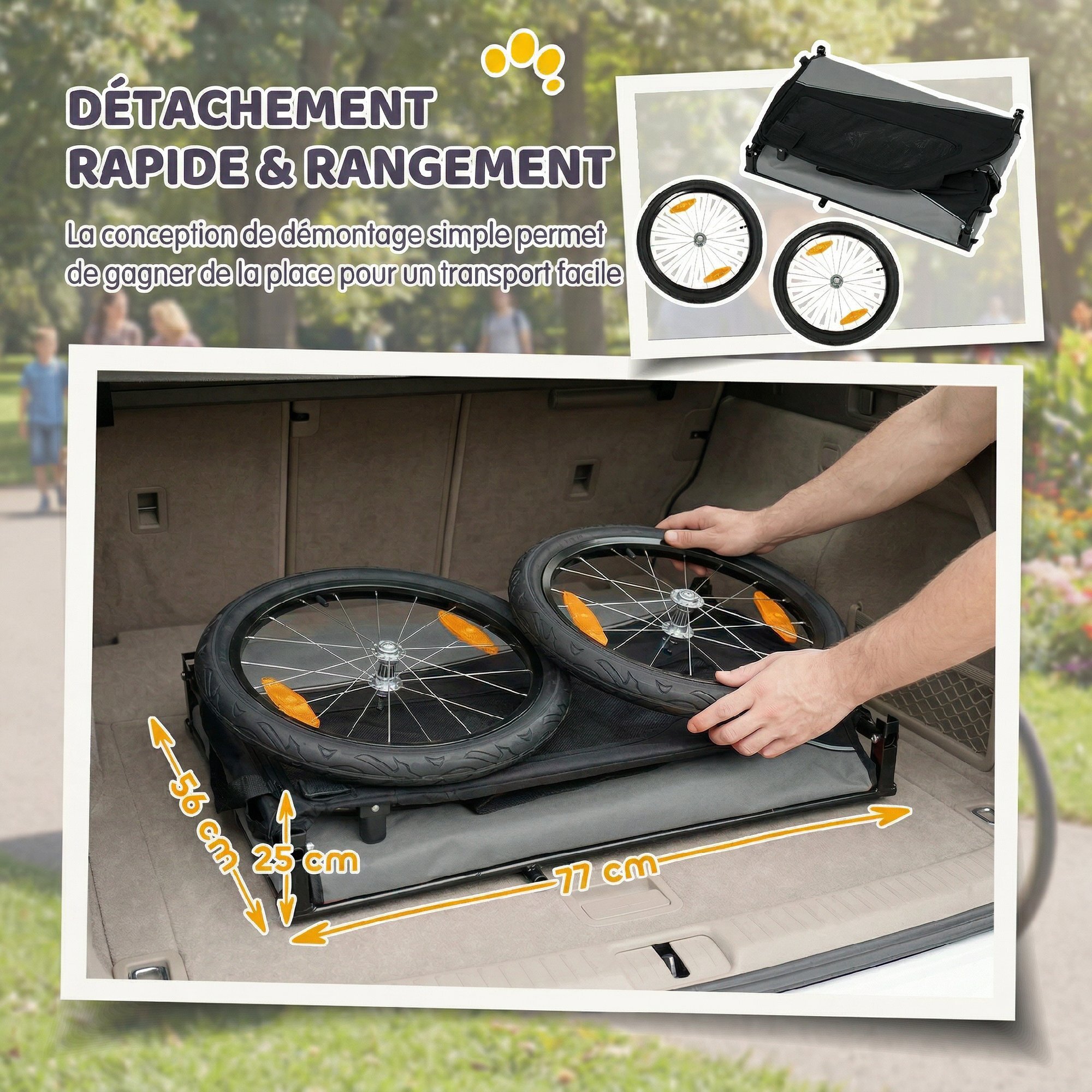 Remorque vélo chien pliable attache universelle pneus 20" réflecteurs drapeau harnais gris