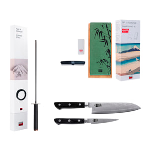 Le Set de Base Deluxe Hashi Damas : 2 couteaux (office 9cm + santoku 18cm) + set d'aiguisage grain 180/800 + fusil à aiguiser