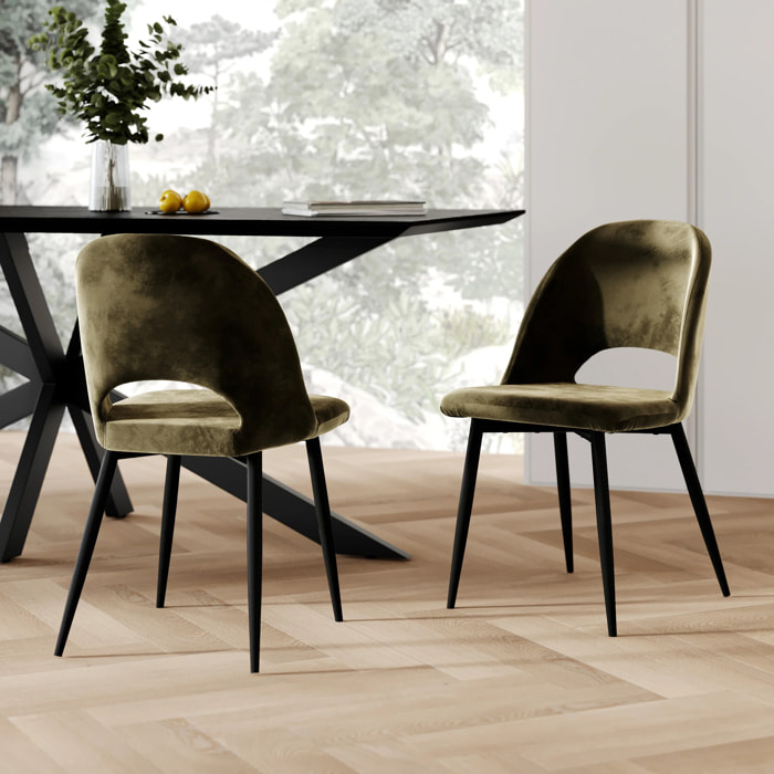 Lot de 2 chaises en velours vert et pieds en métal noir - Pénélope