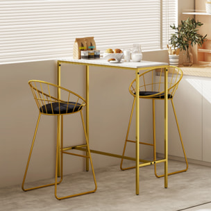 Table de bar mange-debout table haute dim. 100 x 40 x 107 cm acier doré plateau effet marbre blanc