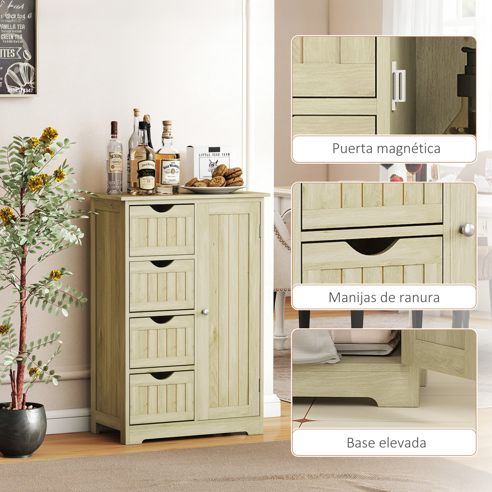 Armario de Baño, Columna de Baño Estrecha con 4 Cajones y Estante Ajustable, Estilo Moderno, para Espacios Pequeños, 56x30x83 cm, Madera Natural