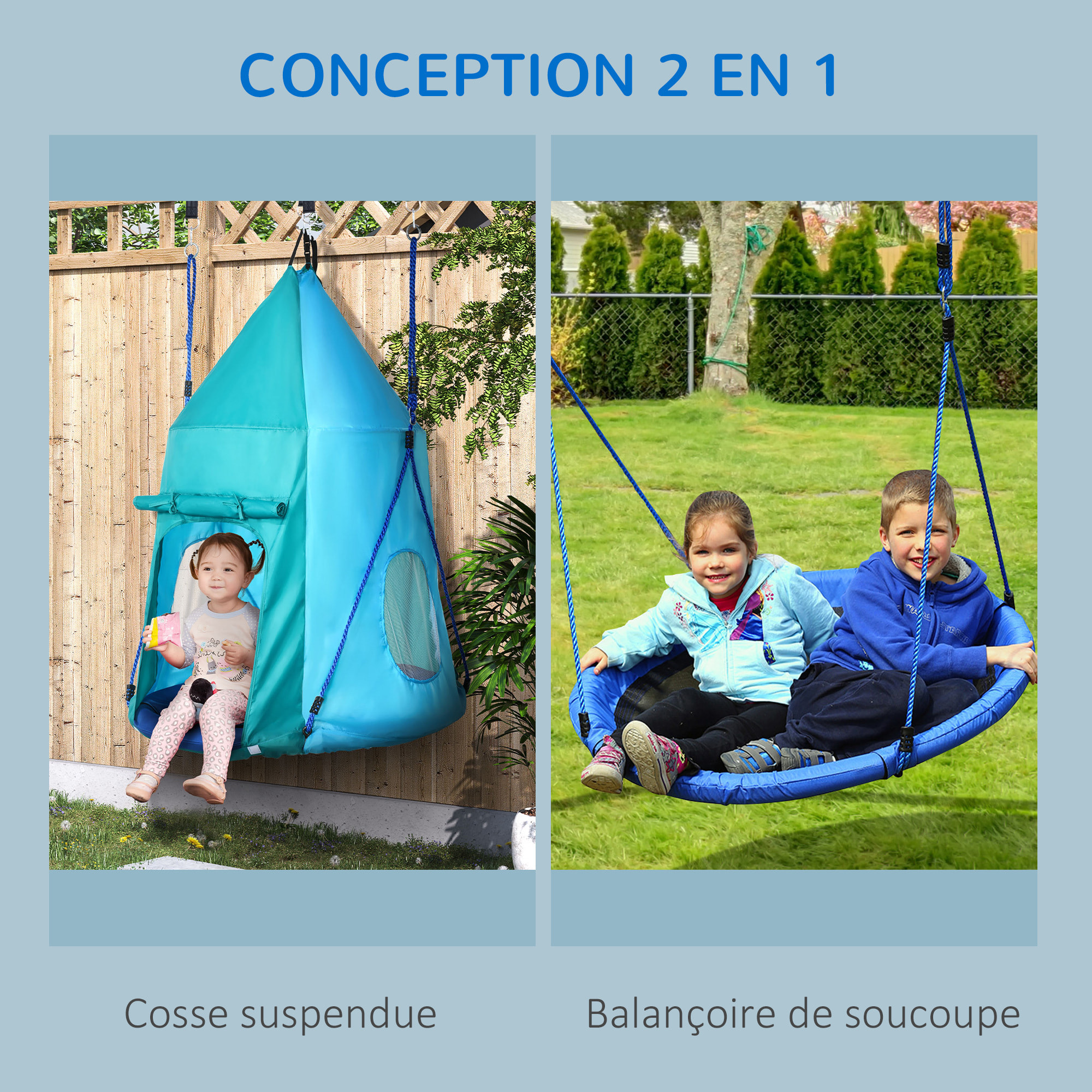 Balançoire nid d'oiseau ronde balançoire panier Ø 1,1 x 1,5H m - tente amovible incluse - accessoires inclus bleu